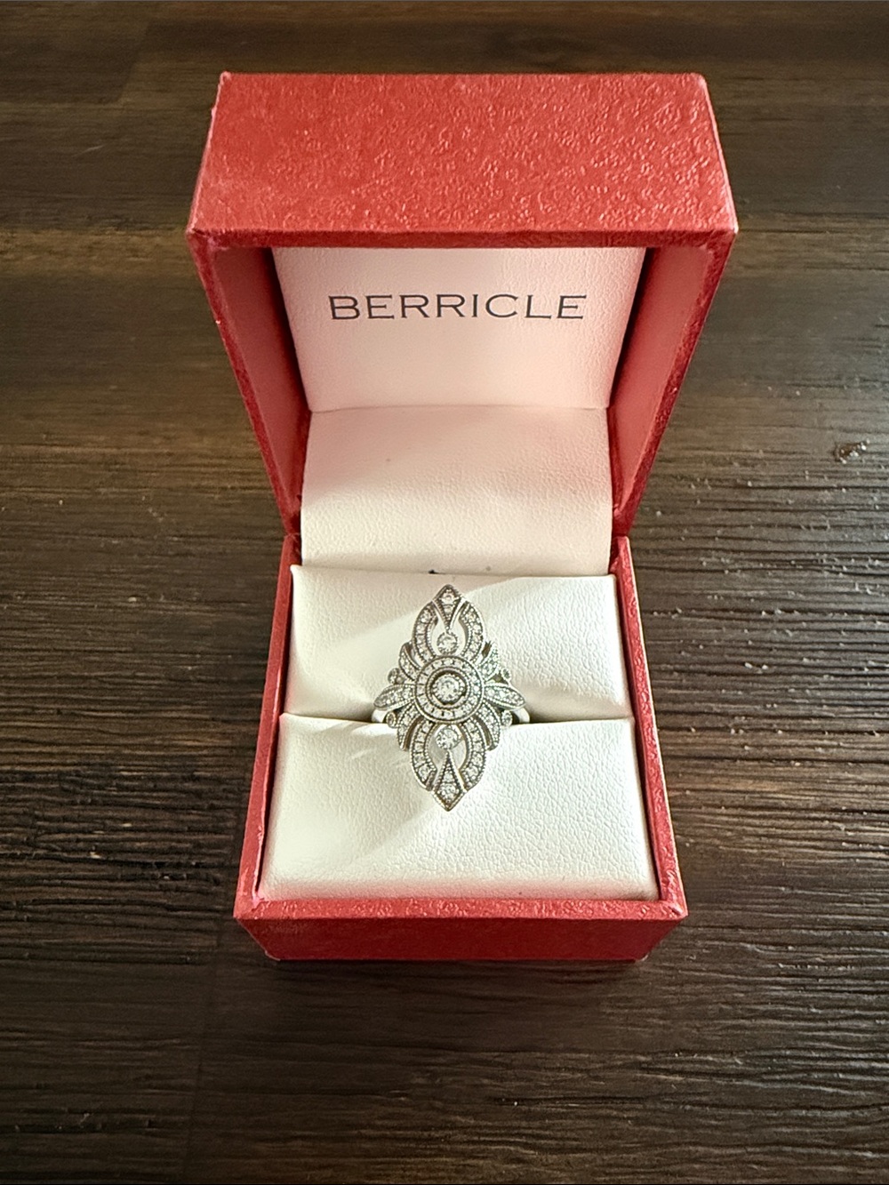 Berricle .925 Sterling Silver Navette Art Deco Cubic Zirconia Cocktail Ring sz 6